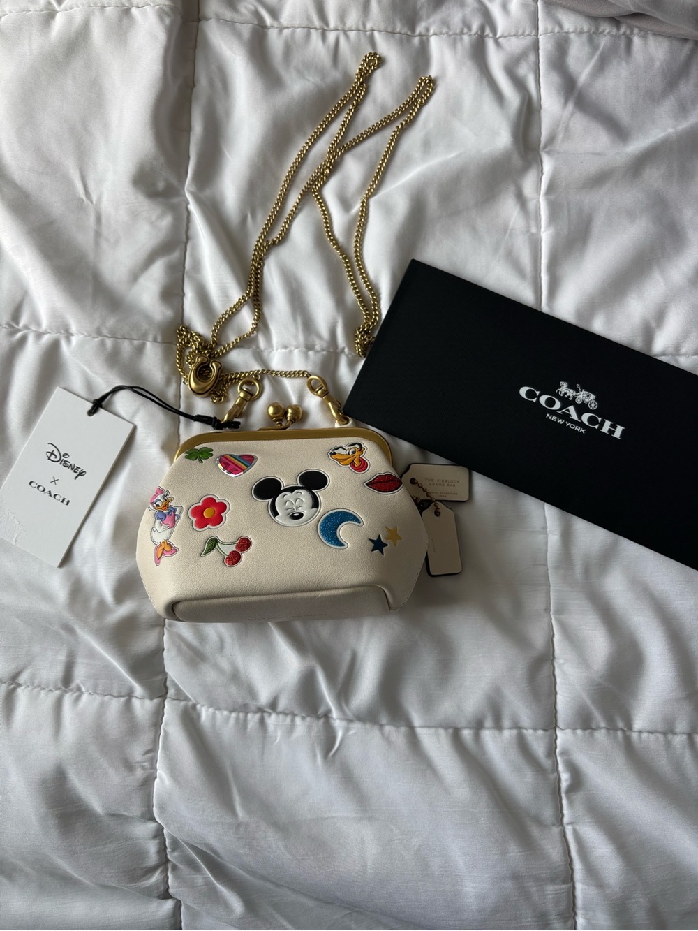 Coach Cream Mickey Kisslock Crossbody with Gold Chain